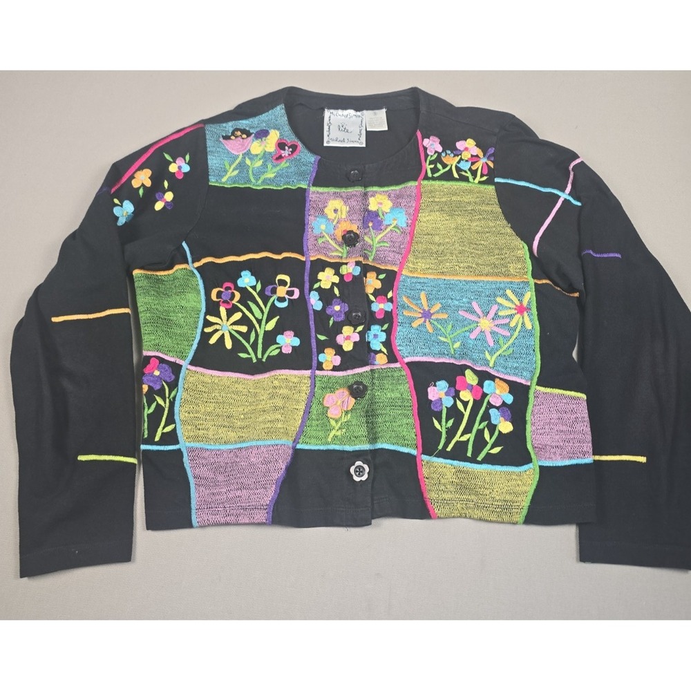 Vintage Michael Simon Lite Patchwork Floral Cardigan Sweater Black Small 90s...